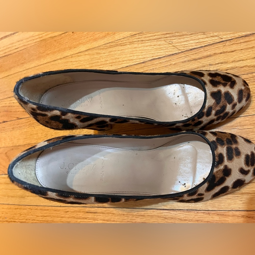 J Crew size 11 leather calf hair animal cheetah heel black brown tan - Picture 3 of 9